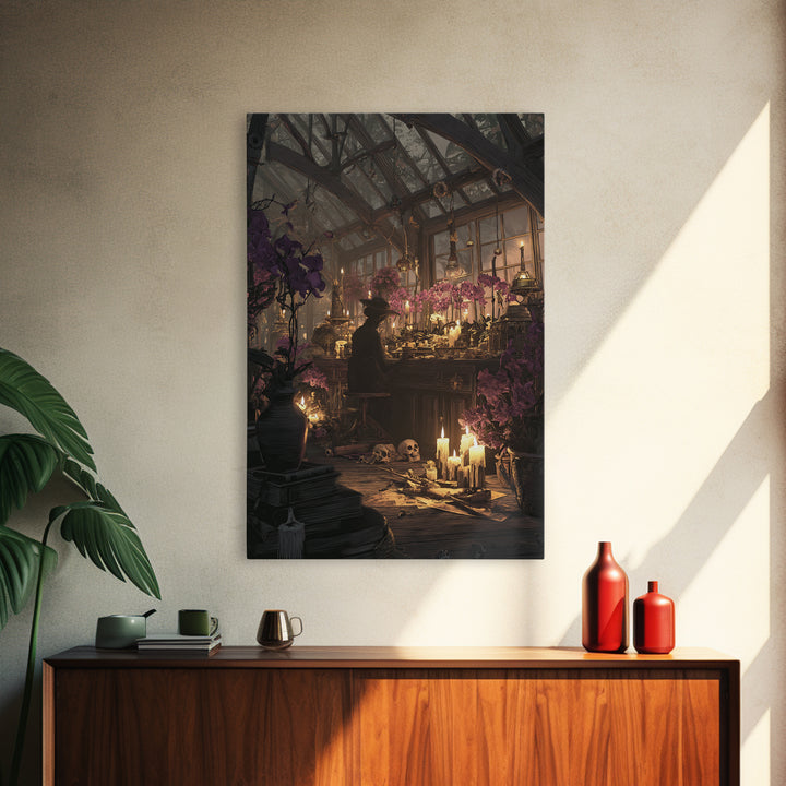 The Witch Queen Greenhouse - Occult Still Life, Macabre Halloween Art, Vertical Wall Art, Framed Canvas Print, Halloween Home Decor