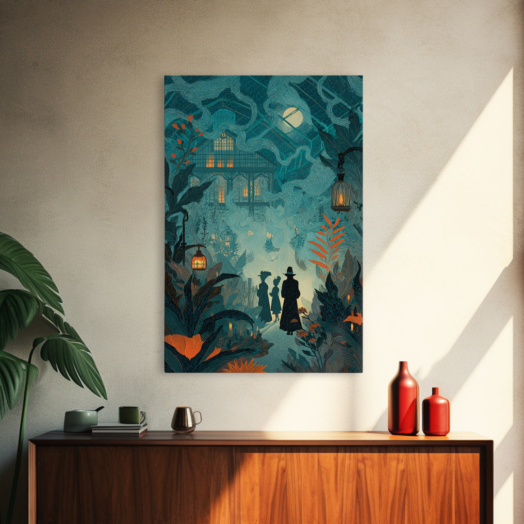 The Witch Queen Greenhouse - Procession Scene, Macabre Halloween Art, Vertical Wall Art, Framed Canvas Print, Halloween Home Decor