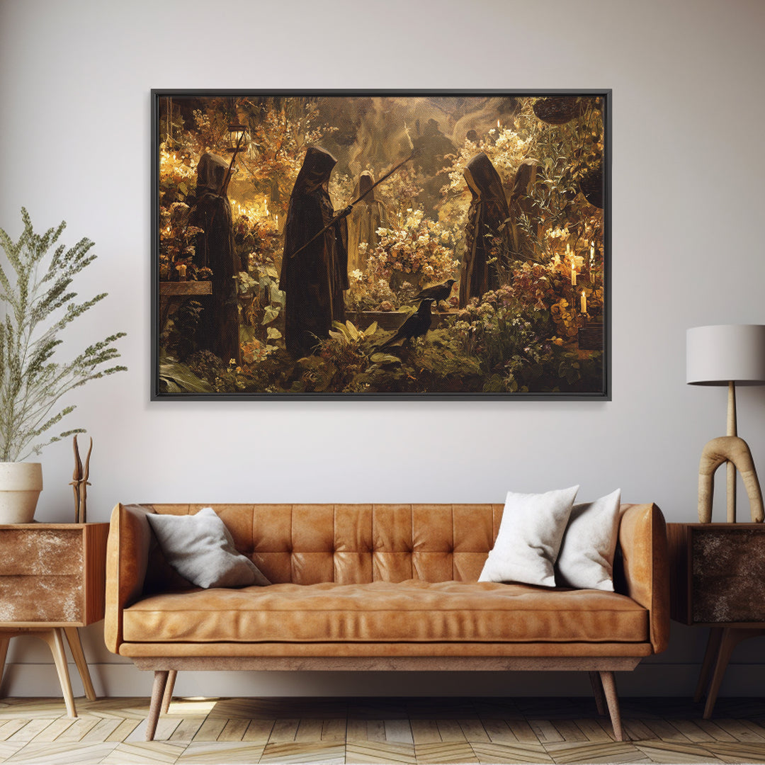 The Witch Queen Greenhouse - Procession Scene, Spooky Wall Decor, Landscape Wall Art, Framed Canvas Print, Halloween Home Decor