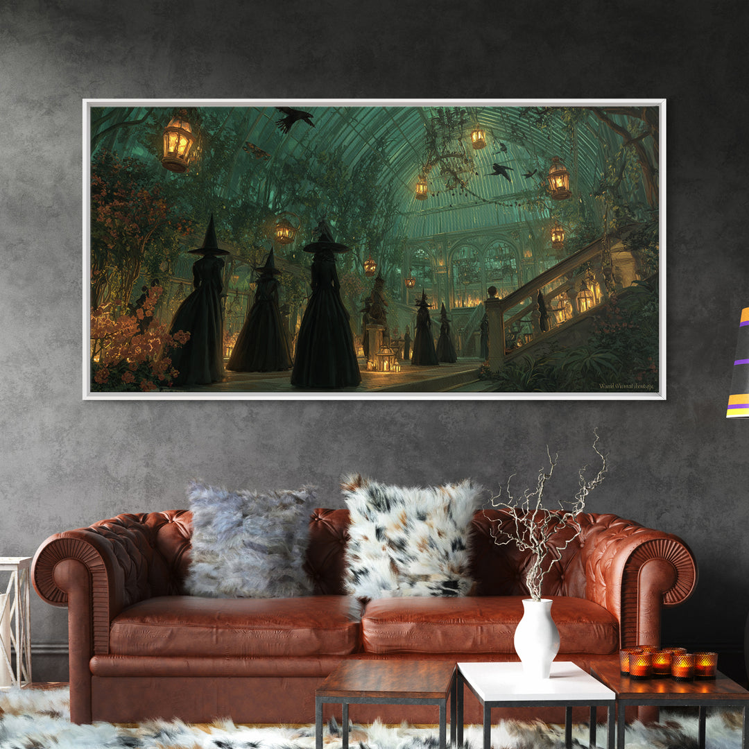 The Witch Queen Greenhouse - Procession Scene, Spooky Wall Decor, Wide Panoramic Art, Framed Canvas Print, Halloween Home Decor