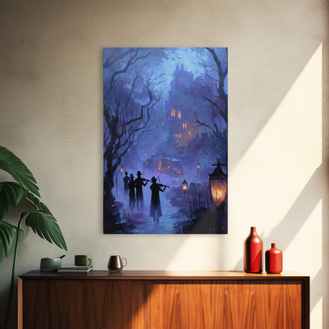The Ghostly Violin Procession - Environmental Panorama, Spooky Wall Decor, Vertical Wall Art, Framed Canvas Print, Halloween Home Decor