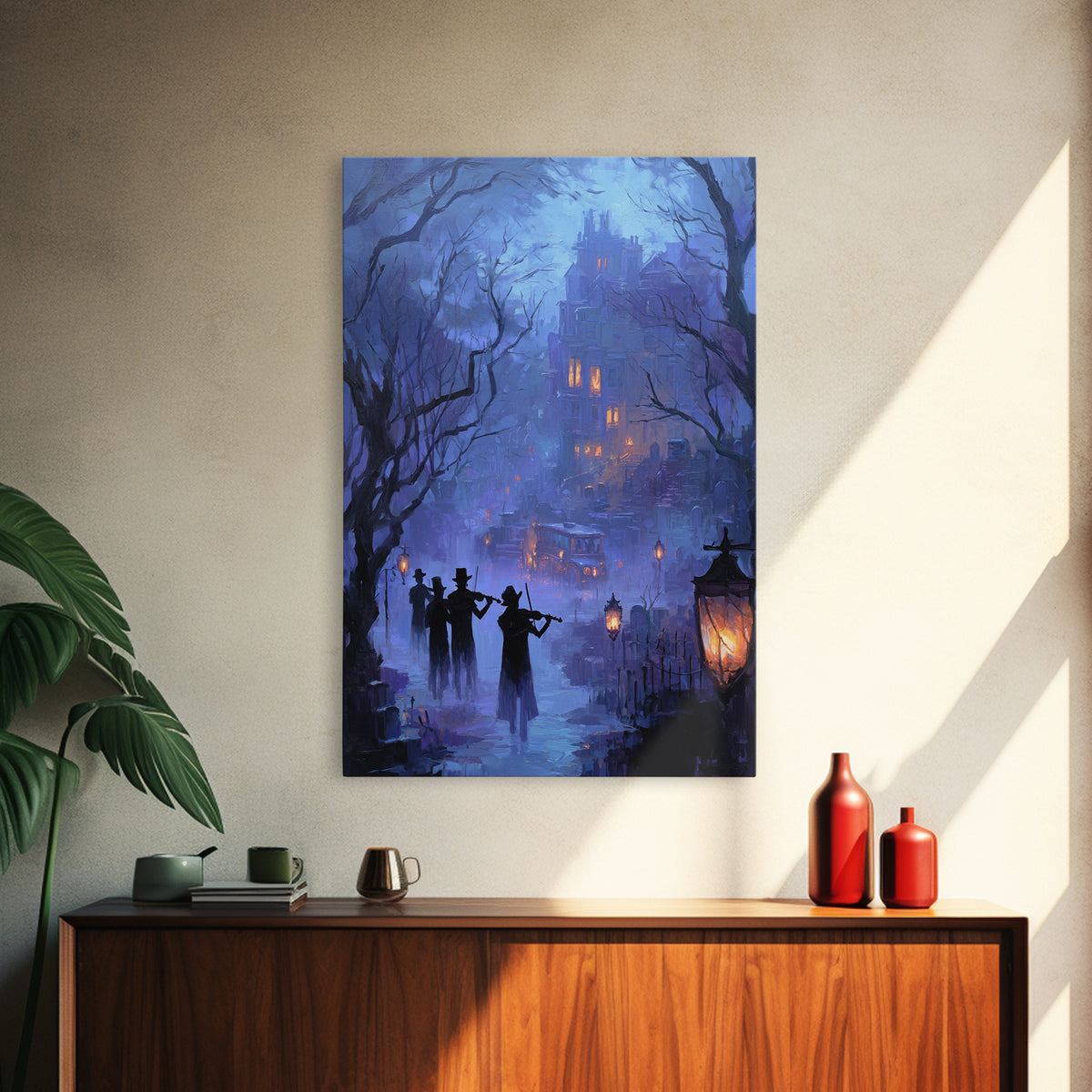 The Ghostly Violin Procession - Environmental Panorama, Spooky Wall Decor, Vertical Wall Art, Framed Canvas Print, Halloween Home Decor