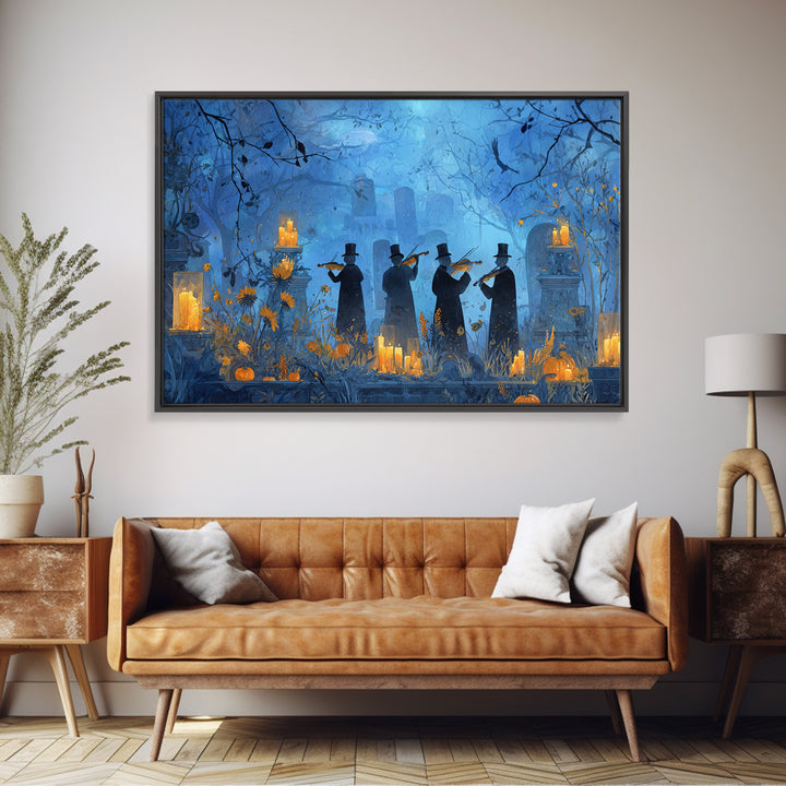The Ghostly Violin Procession - Occult Still Life, Spooky Wall Decor, Landscape Wall Art, Framed Canvas Print, Halloween Home Decor