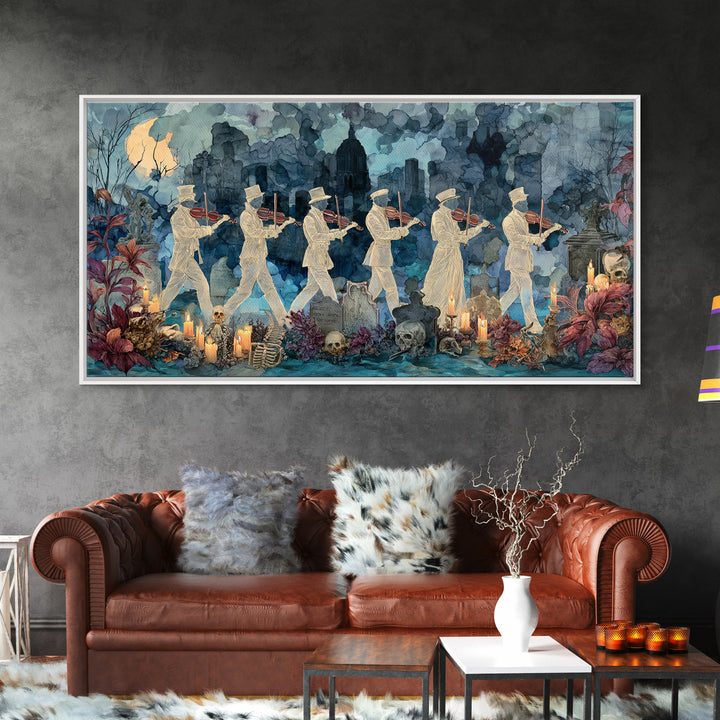 The Ghostly Violin Procession - Occult Still Life, Spooky Wall Decor, Wide Panoramic Art, Framed Canvas Print, Halloween Home Decor