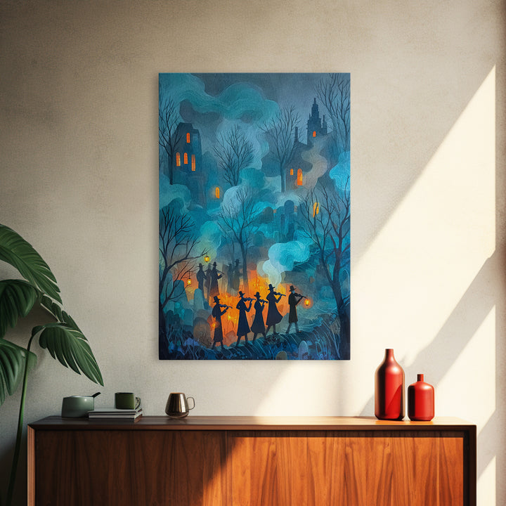 The Ghostly Violin Procession - Procession Scene, Macabre Halloween Art, Vertical Wall Art, Framed Canvas Print, Halloween Home Decor