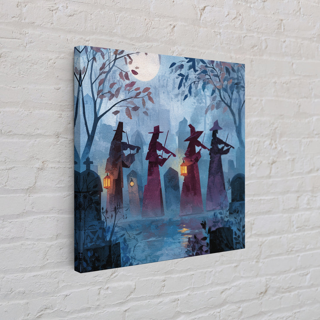 The Ghostly Violin Procession - Procession Scene, Macabre Halloween Art, Square Wall Art, Framed Canvas Print, Halloween Home Decor