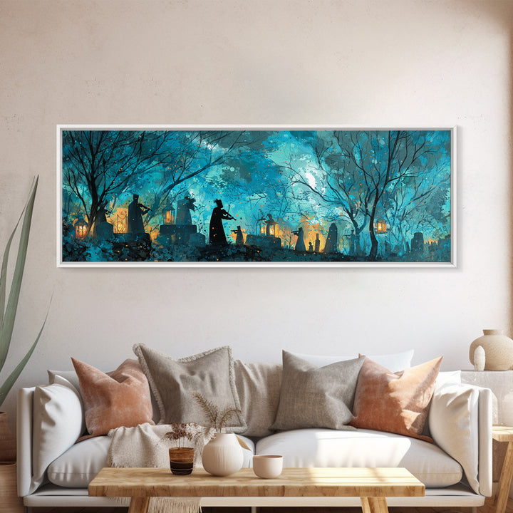 The Ghostly Violin Procession - Procession Scene, Spooky Wall Decor, Extra Wide Wall Art, Framed Canvas Print, Halloween Home Decor
