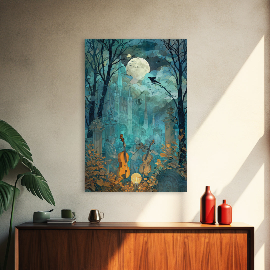 The Ghostly Violin Procession - Surreal Celestial Vision, Occult Wall Decor, Vertical Wall Art, Canvas Print, Halloween Home Decor