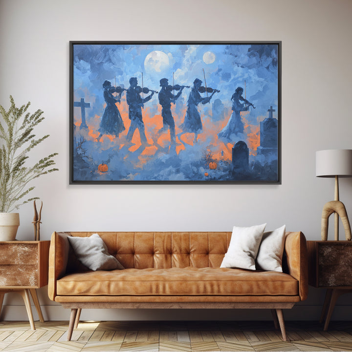 The Ghostly Violin Procession - Surreal Celestial Vision, Macabre Halloween Art, Landscape Wall Art, Framed Canvas Print, Gothic Wall Art