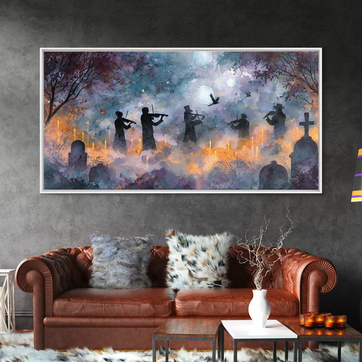 The Ghostly Violin Procession - Surreal Celestial Vision, Gothic Home Decor, Wide Panoramic Art, Canvas Print, Halloween Home Decor