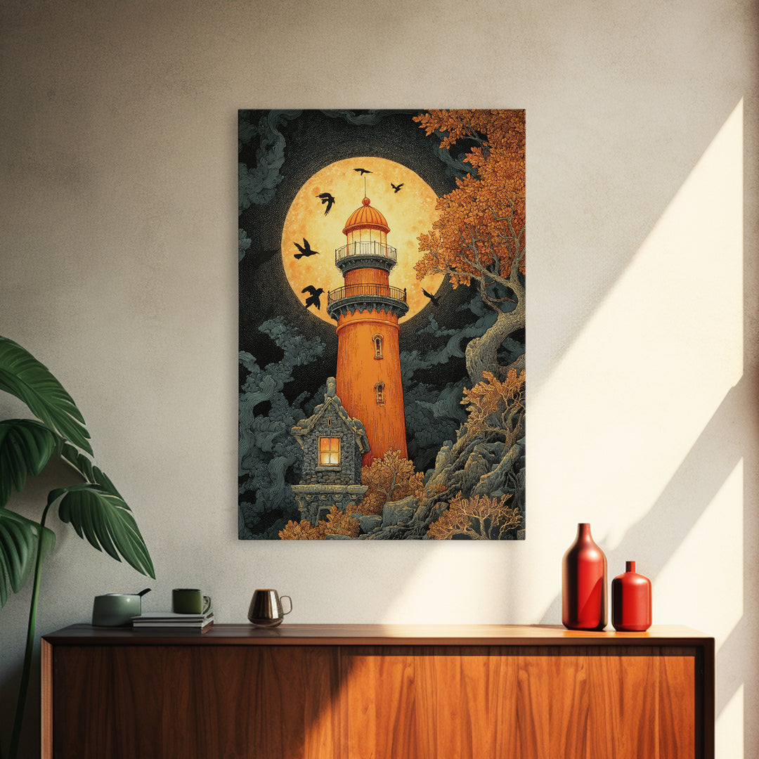 The Pumpkin Moon Lighthouse - Icon Portrait, Gothic Home Decor, Vertical Wall Art, Canvas Print, Halloween Home Decor, Gothic Wall Art