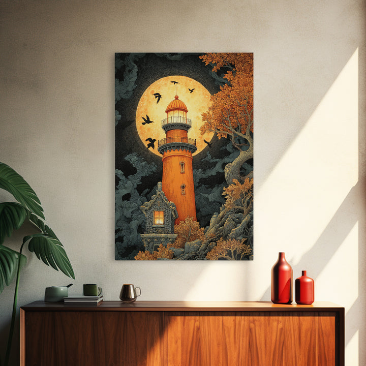 The Pumpkin Moon Lighthouse - Icon Portrait, Gothic Home Decor, Vertical Wall Art, Canvas Print, Halloween Home Decor, Gothic Wall Art