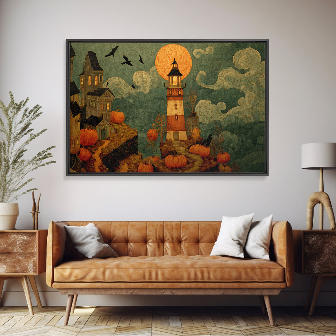 The Pumpkin Moon Lighthouse - Environmental Panorama, Dark Fantasy Wall Art, Landscape Wall Art, Canvas Print, Halloween Home Decor
