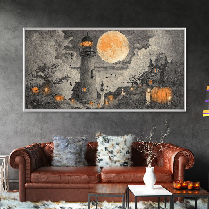 The Pumpkin Moon Lighthouse - Environmental Panorama, Dark Fantasy Wall Art, Wide Panoramic Art, Canvas Print, Halloween Home Decor