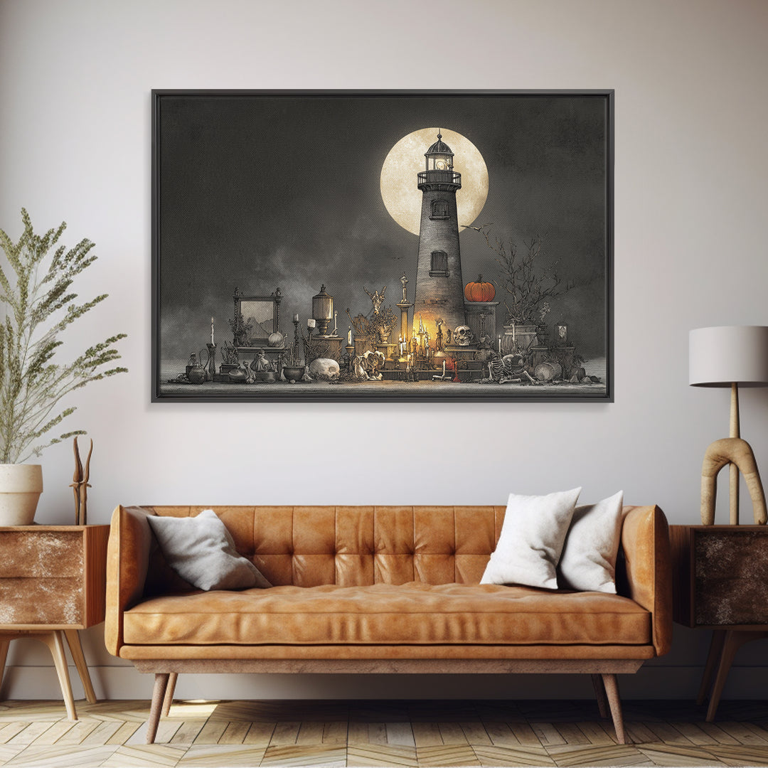 The Pumpkin Moon Lighthouse - Occult Still Life, Occult Wall Decor, Landscape Wall Art, Canvas Print, Halloween Home Decor, Gothic Wall Art