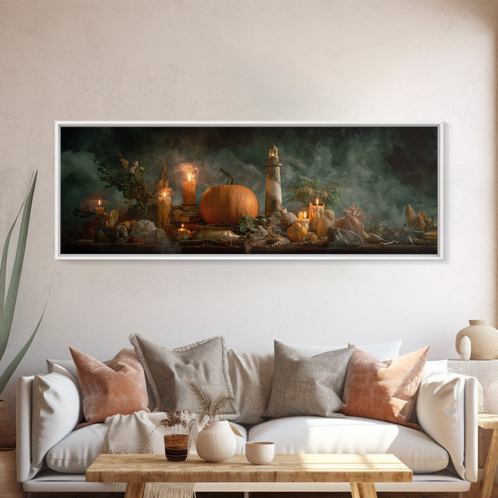 The Pumpkin Moon Lighthouse - Occult Still Life, Occult Wall Decor, Extra Wide Wall Art, Canvas Print, Halloween Home Decor, Gothic Wall Art