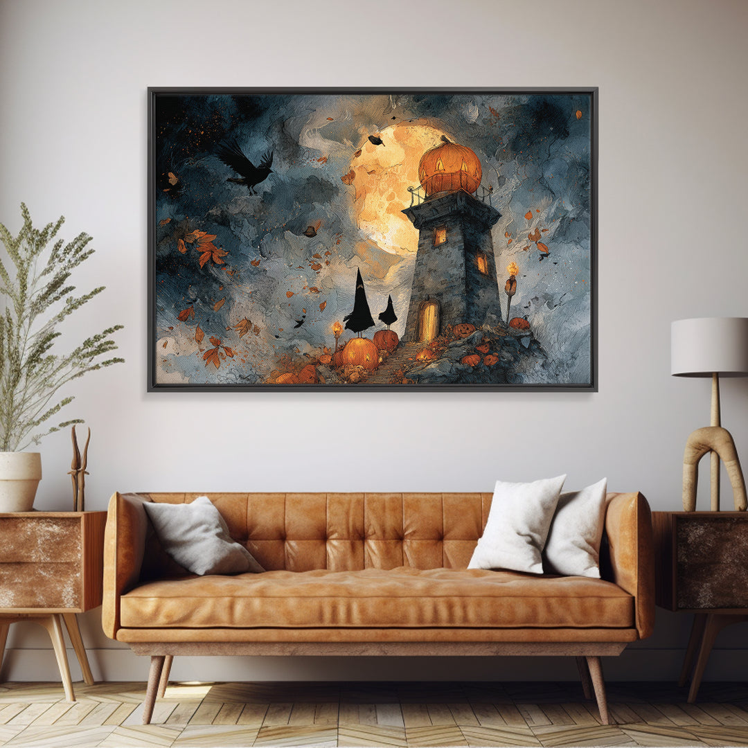 The Pumpkin Moon Lighthouse - Procession Scene, Dark Fantasy Wall Art, Landscape Wall Art, Canvas Print, Halloween Home Decor