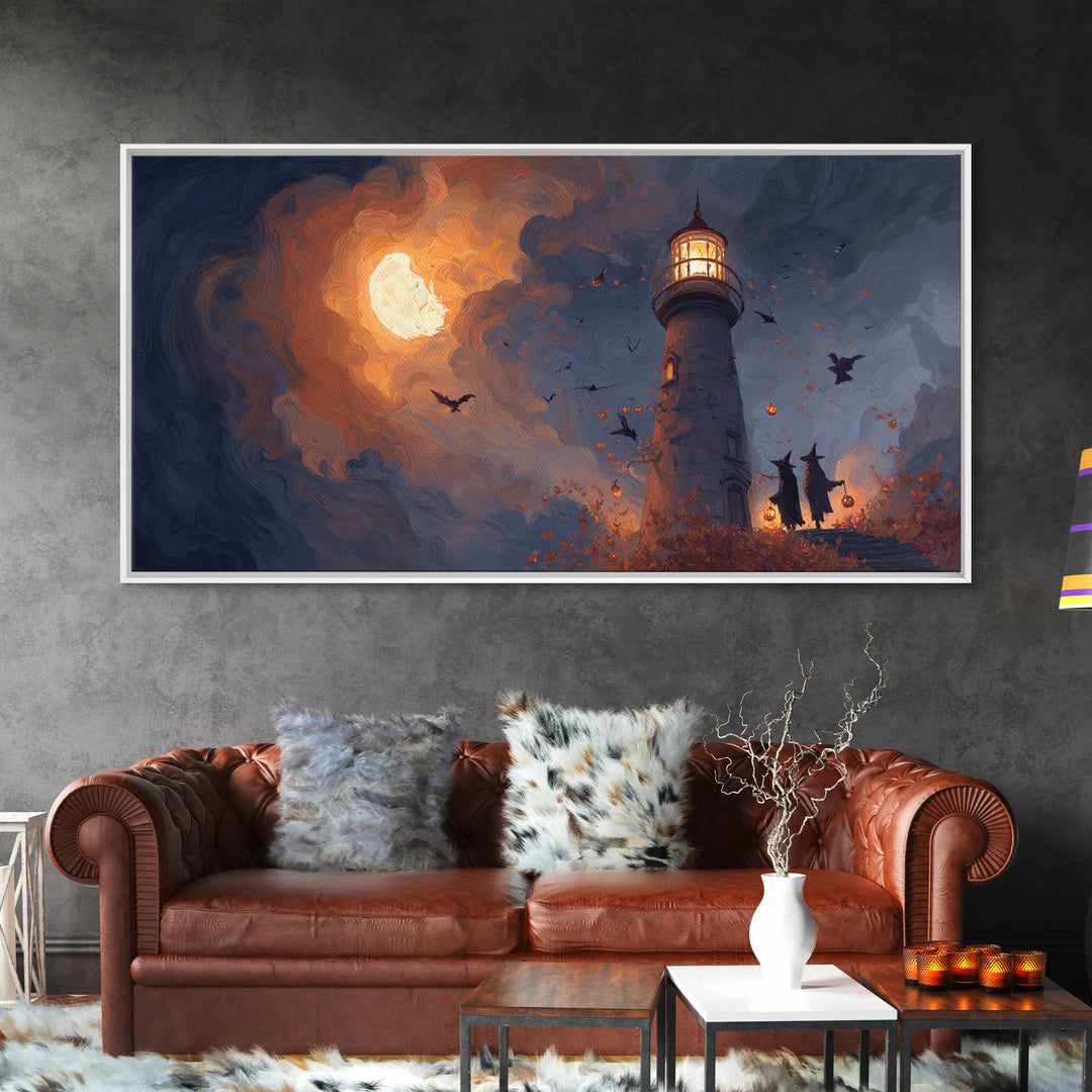 The Pumpkin Moon Lighthouse - Procession Scene, Occult Wall Decor, Wide Panoramic Art, Canvas Print, Halloween Home Decor, Gothic Wall Art