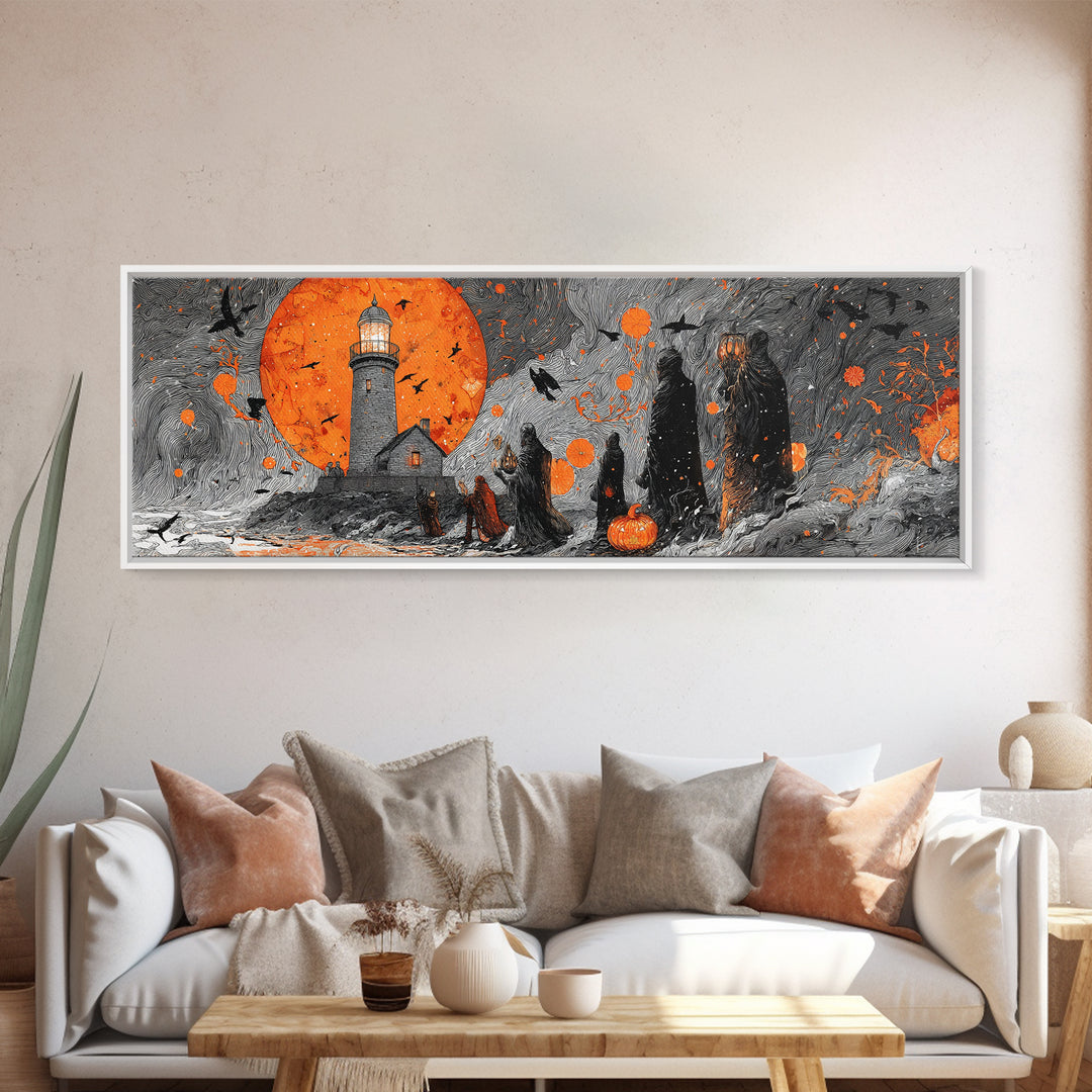 The Pumpkin Moon Lighthouse - Procession Scene, Spooky Wall Decor, Extra Wide Wall Art, Framed Canvas Print, Halloween Home Decor