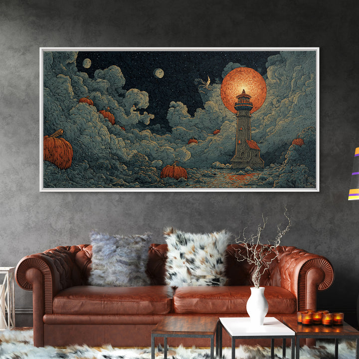 The Pumpkin Moon Lighthouse - Surreal Celestial Vision, Dark Fantasy Wall Art, Wide Panoramic Art, Canvas Print, Halloween Home Decor