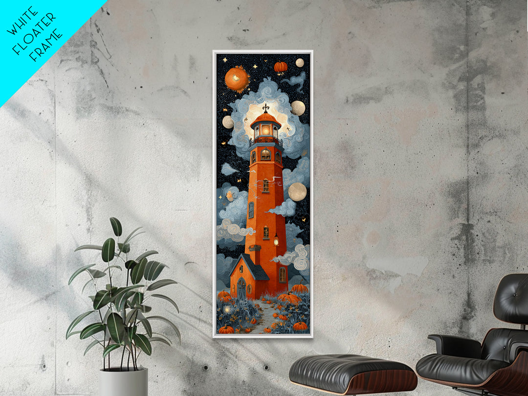 The Pumpkin Moon Lighthouse - Surreal Celestial Vision, Spooky Wall Decor, Tall Narrow Wall Art, Framed Canvas Print, Halloween Home Decor