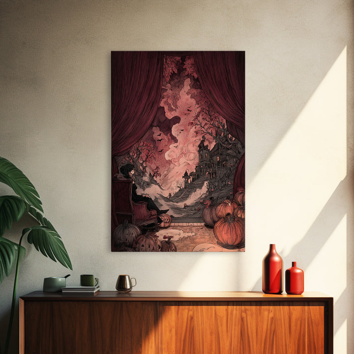 The Velvet Vampire Conservatory - Environmental Panorama, Macabre Halloween Art, Vertical Wall Art, Framed Canvas Print, Gothic Wall Art