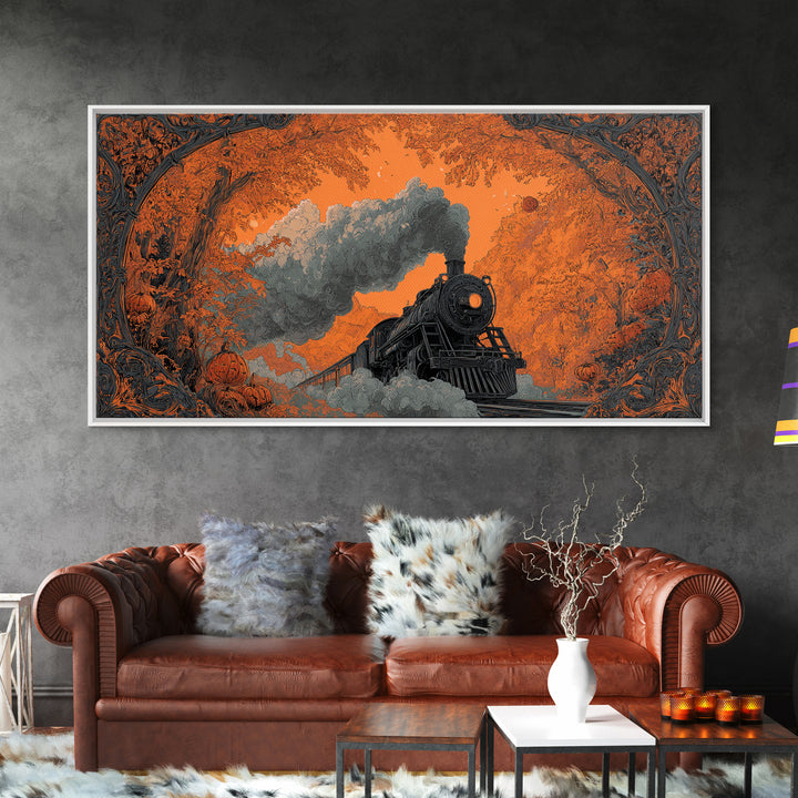 The Phantom Train Of October - Icon Portrait, Spooky Wall Decor, Wide Panoramic Art, Framed Canvas Print, Halloween Home Decor
