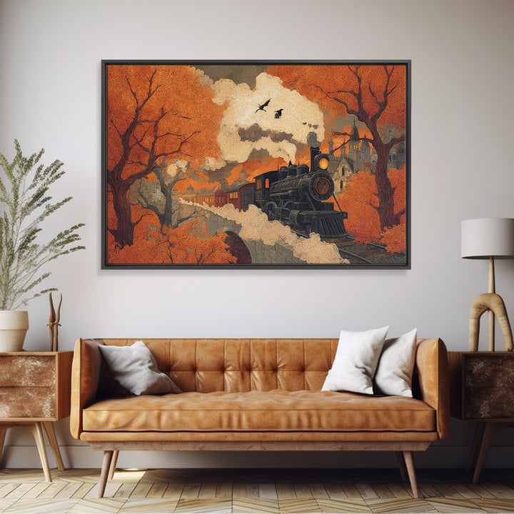 The Phantom Train Of October - Environmental Panorama, Halloween Wall Art, Landscape Wall Art, Framed Canvas Print, Halloween Home Decor