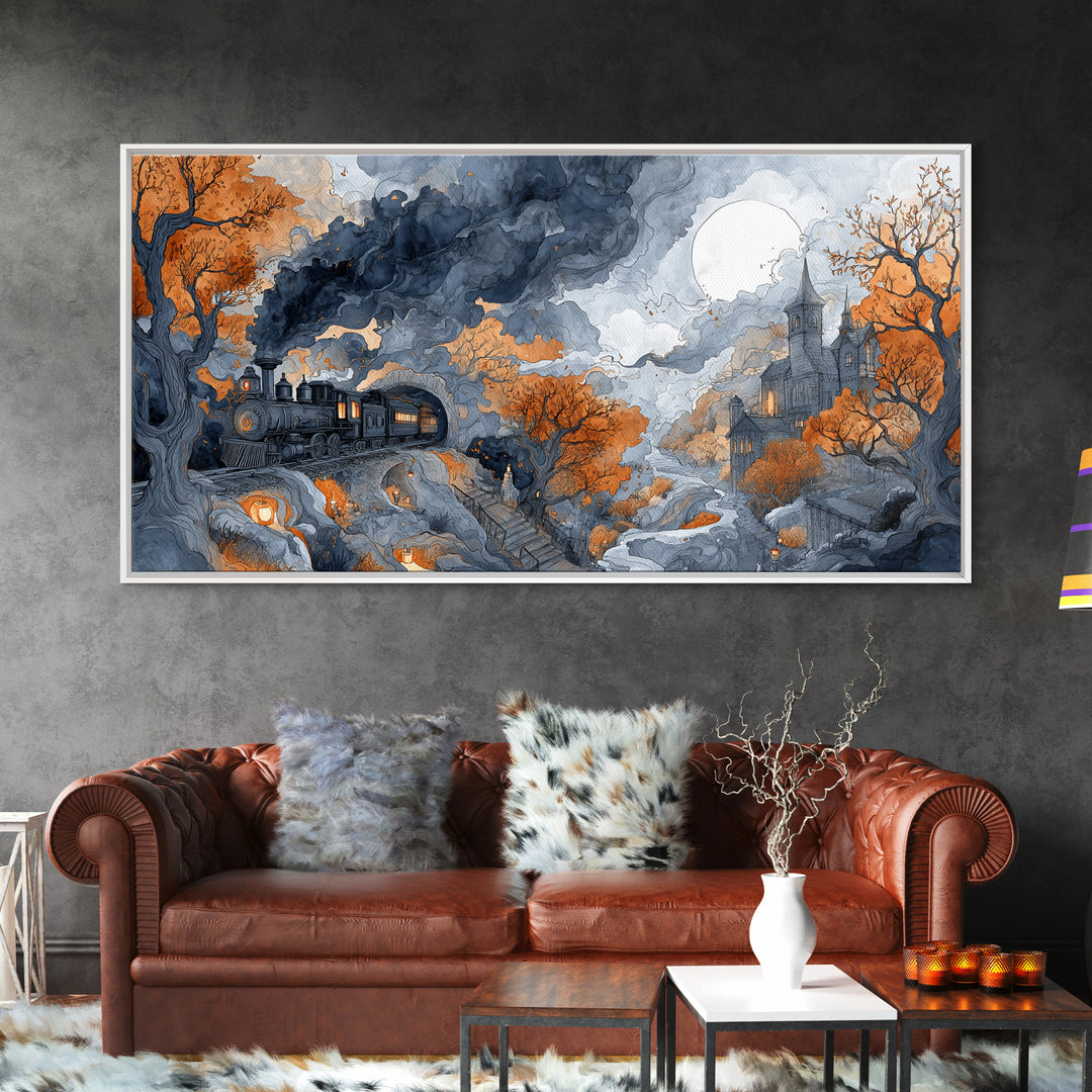 The Phantom Train Of October - Environmental Panorama, Dark Fantasy Wall Art, Wide Panoramic Art, Canvas Print, Halloween Home Decor