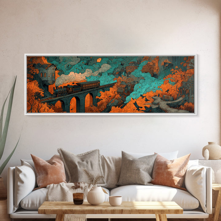 The Phantom Train Of October - Environmental Panorama, Spooky Wall Decor, Extra Wide Wall Art, Framed Canvas Print, Halloween Home Decor