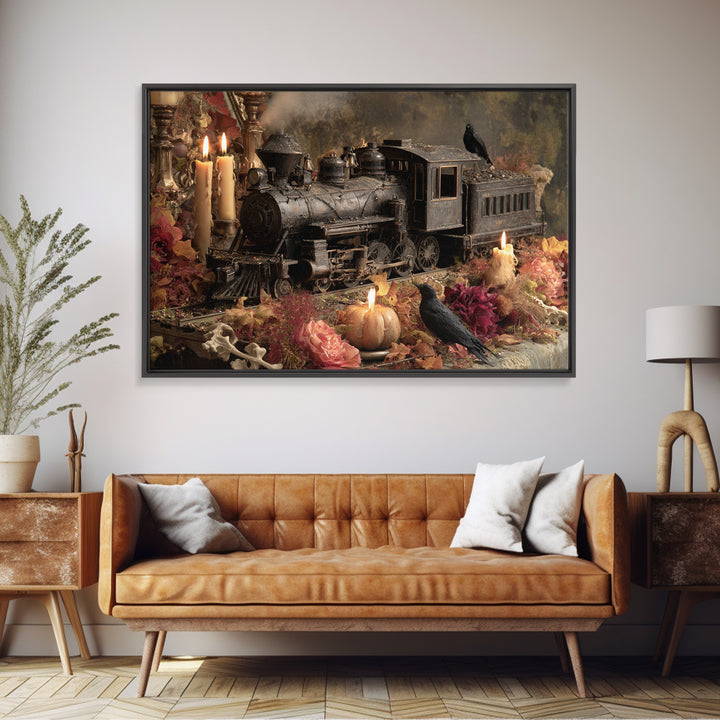The Phantom Train Of October - Occult Still Life, Macabre Halloween Art, Landscape Wall Art, Framed Canvas Print, Halloween Home Decor