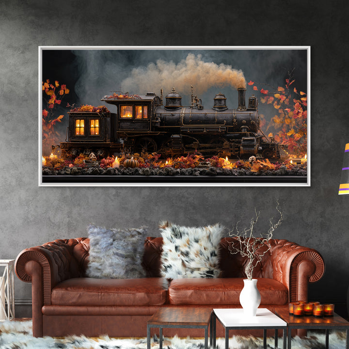 The Phantom Train Of October - Occult Still Life, Macabre Halloween Art, Wide Panoramic Art, Framed Canvas Print, Halloween Home Decor