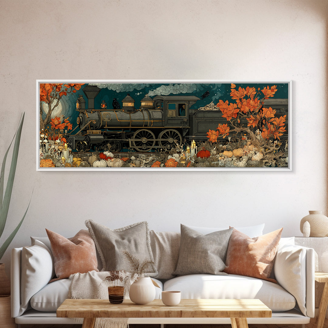 The Phantom Train Of October - Occult Still Life, Macabre Halloween Art, Extra Wide Wall Art, Framed Canvas Print, Halloween Home Decor