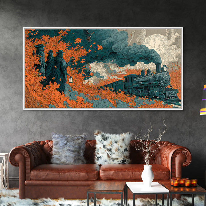 The Phantom Train Of October - Procession Scene, Halloween Wall Art, Wide Panoramic Art, Framed Canvas Print, Halloween Home Decor