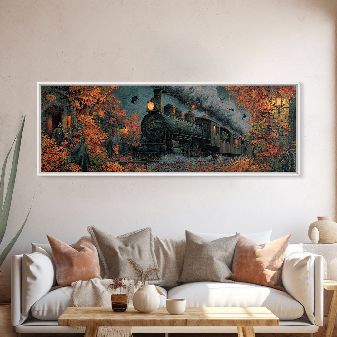 The Phantom Train Of October - Procession Scene, Spooky Wall Decor, Extra Wide Wall Art, Framed Canvas Print, Halloween Home Decor