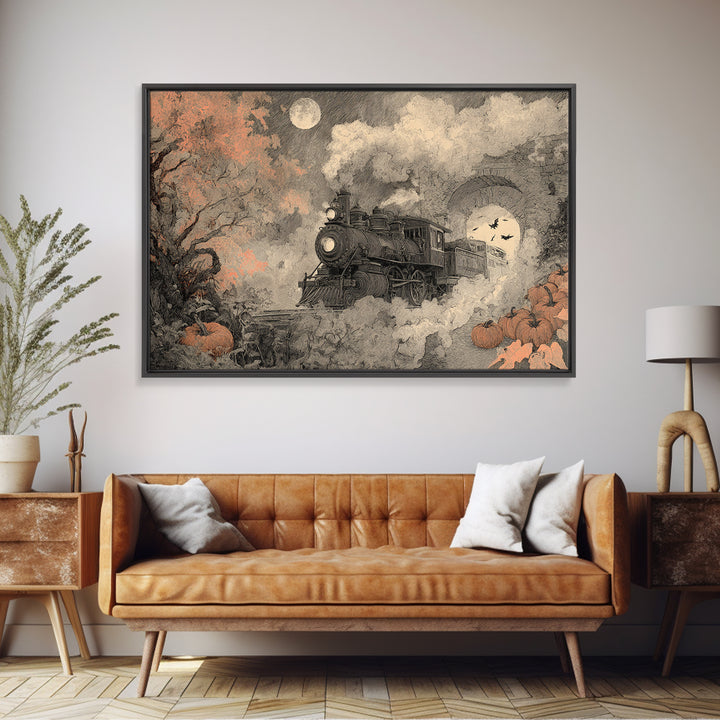 The Phantom Train Of October - Surreal Celestial Vision, Occult Wall Decor, Landscape Wall Art, Canvas Print, Halloween Home Decor
