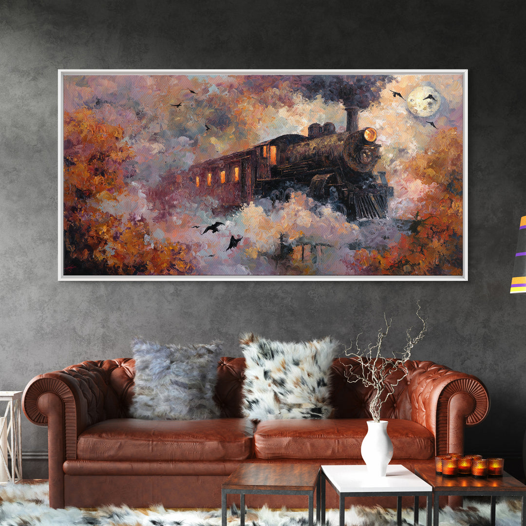 The Phantom Train Of October - Surreal Celestial Vision, Spooky Wall Decor, Wide Panoramic Art, Framed Canvas Print, Halloween Home Decor