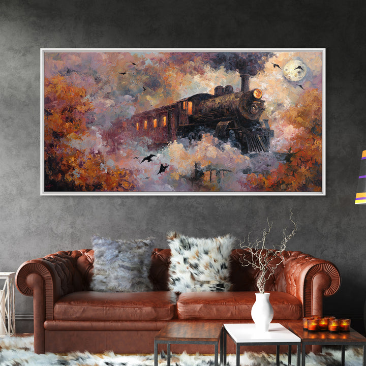 The Phantom Train Of October - Surreal Celestial Vision, Spooky Wall Decor, Wide Panoramic Art, Framed Canvas Print, Halloween Home Decor