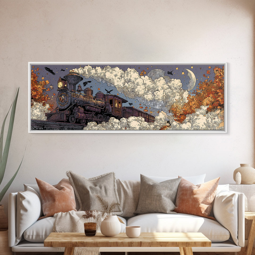 The Phantom Train Of October - Surreal Celestial Vision, Spooky Wall Decor, Extra Wide Wall Art, Framed Canvas Print, Halloween Home Decor