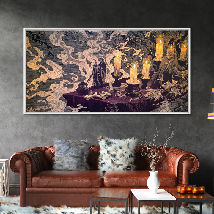 The Bone Key Still Life - Procession Scene, Spooky Wall Decor, Wide Panoramic Art, Framed Canvas Print, Halloween Home Decor