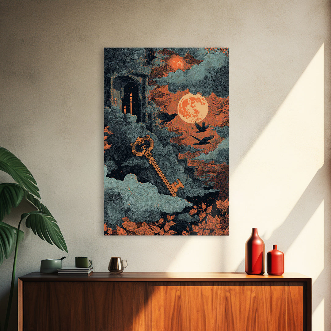 The Bone Key Still Life - Surreal Celestial Vision, Spooky Wall Decor, Vertical Wall Art, Framed Canvas Print, Halloween Home Decor