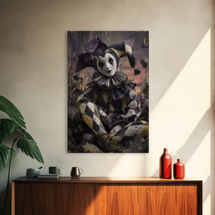 The Haunted Harlequin Doll - Environmental Panorama, Macabre Halloween Art, Vertical Wall Art, Framed Canvas Print, Halloween Home Decor