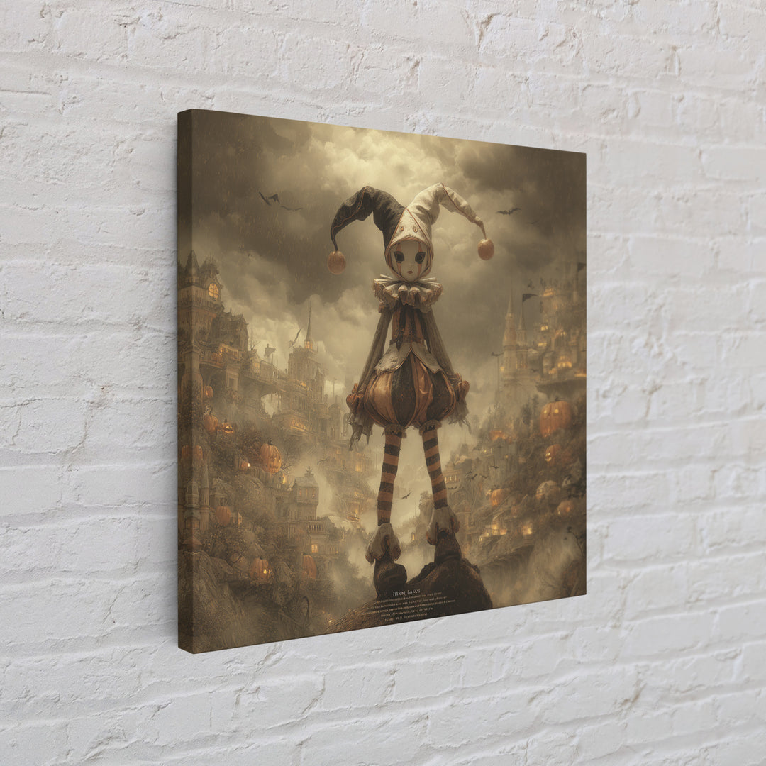 The Haunted Harlequin Doll - Environmental Panorama, Spooky Wall Decor, Square Wall Art, Framed Canvas Print, Halloween Home Decor