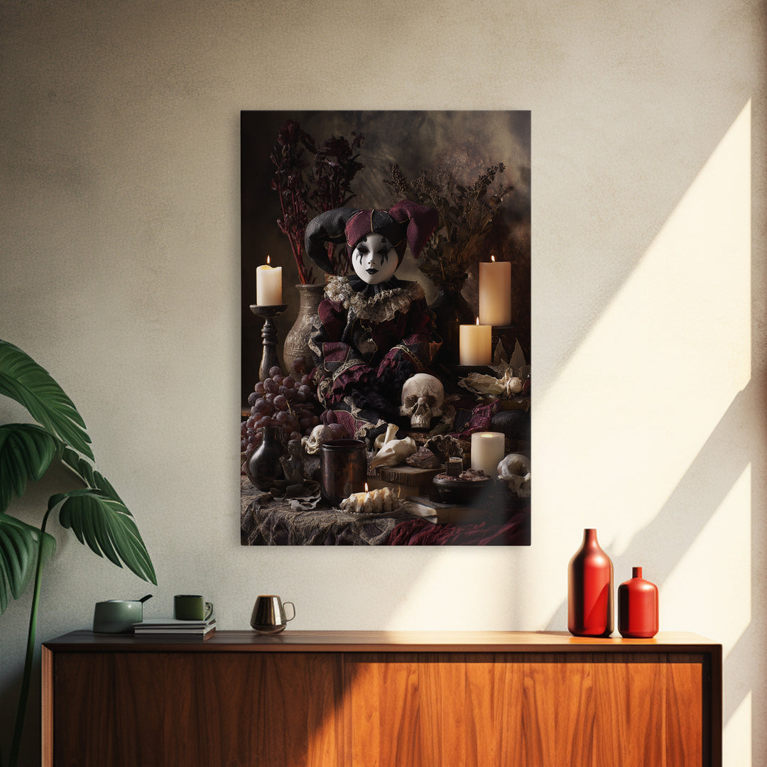 The Haunted Harlequin Doll - Occult Still Life, Halloween Wall Art, Vertical Wall Art, Framed Canvas Print, Halloween Home Decor
