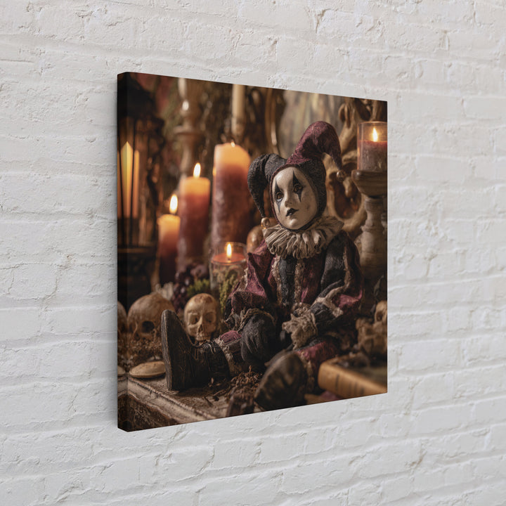 The Haunted Harlequin Doll - Occult Still Life, Spooky Wall Decor, Square Wall Art, Framed Canvas Print, Halloween Home Decor