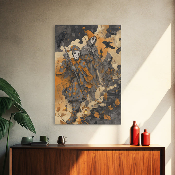 The Haunted Harlequin Doll - Procession Scene, Halloween Wall Art, Vertical Wall Art, Framed Canvas Print, Halloween Home Decor