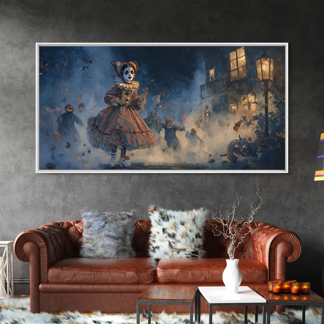 The Haunted Harlequin Doll - Procession Scene, Dark Fantasy Wall Art, Wide Panoramic Art, Canvas Print, Halloween Home Decor