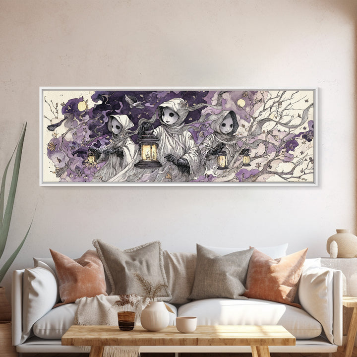 The Haunted Harlequin Doll - Procession Scene, Occult Wall Decor, Extra Wide Wall Art, Canvas Print, Halloween Home Decor, Gothic Wall Art