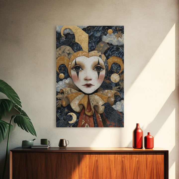 The Haunted Harlequin Doll - Surreal Celestial Vision, Dark Fantasy Wall Art, Vertical Wall Art, Canvas Print, Halloween Home Decor