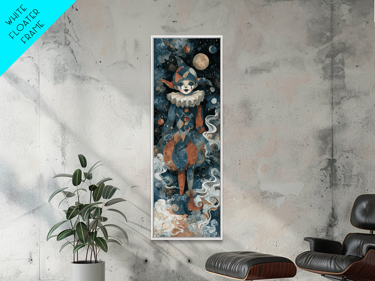 The Haunted Harlequin Doll - Surreal Celestial Vision, Dark Fantasy Wall Art, Tall Narrow Wall Art, Canvas Print, Halloween Home Decor